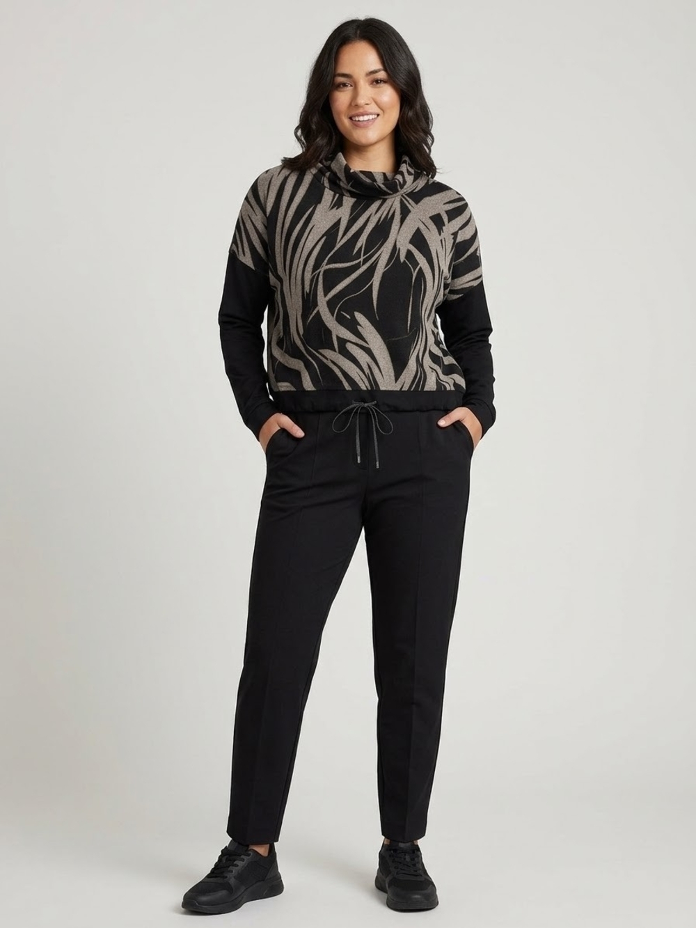 Joseph Ribkoff Sweater Women's Black Knit Contrast Sleeve Long Tie Winter Corp